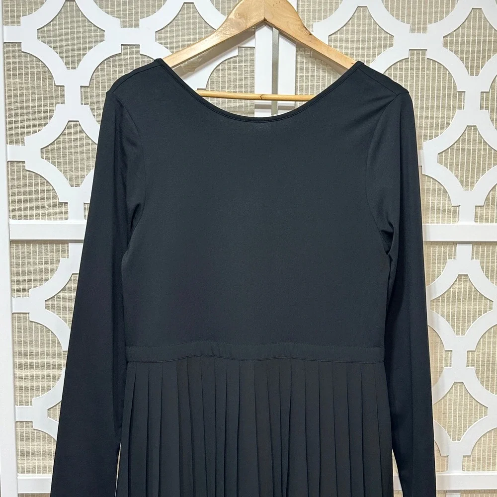 J.Crew Pleated Maxi Dress Women L Black Long Sleeve Scoop Neck Modest Minimalist